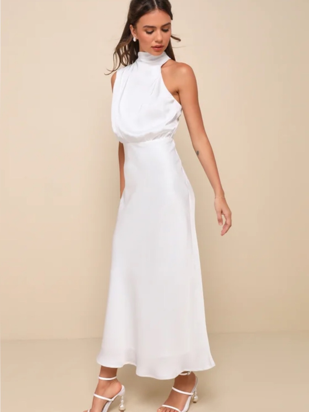 New Lulus BACHELORETTE PARTY AsymmetricalHigh-Neck Satin Midi Dress Sz Medium